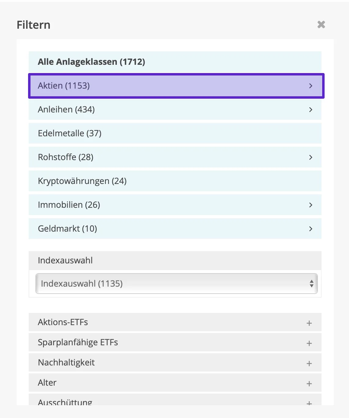 Anlageklasse AKTIEN ausw&auml;hlen